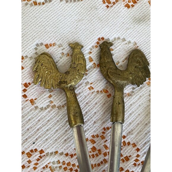 Vintage 1970s 4 PC. Brass Stainless Steel Kebob Skewers Chicken Rooster Tops - Picture 3 of 9